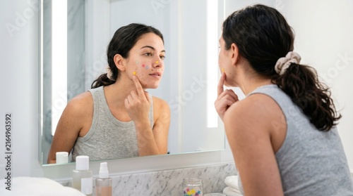 Close Up Of Young Woman Applying Pimple Patches, Authentic Skincare Routine In Bathroom Mirror, Self Care And Body Positivity, Clean Aesthetic, Copy Space