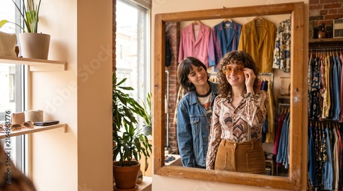 Friends Trying On Vintage Sunglasses In Thrift Store, Young Women Shopping Secondhand Accessories, Sustainable Fashion Lifestyle, Candid Mirror Reflection, Copy Space