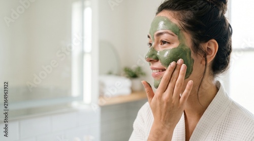 Close Up Of Young Woman Applying Clay Face Mask, Authentic Skincare Routine and Self Care, Morning Grooming Wellness, Clean Beauty Standard, Copy Space