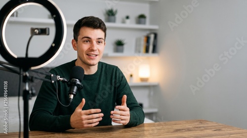 Young Man Filming Vlog In Bedroom, Behind The Scenes Content Creation With Ring Light, Authentic Gen Z Digital Creator, Real Expression, Copy Space