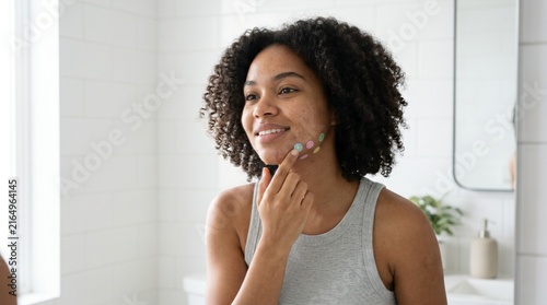 Close Up Of Young Woman Applying Pimple Patches, Authentic Skincare Routine In Bathroom Mirror, Self Care And Skin Positivity, Clean Aesthetic, Copy Space