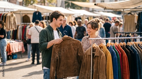 Friends Browsing Vintage Jackets At Outdoor Thrift Market, Young Adults Shopping Secondhand Clothes, Sustainable Fashion Lifestyle, Candid Interaction, Copy Space