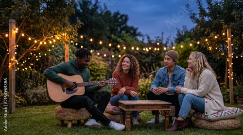 Friends Listening To Acoustic Guitar At Backyard Gathering, Cozy Young Adults Music Hangout With Warm String Lights, Casual Evening Lifestyle, Copy Space