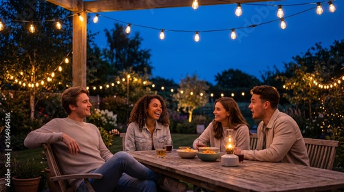Friends Having Conversation At Backyard Gathering, Diverse Young Adults Relaxing Under Warm String Lights, Casual Evening Lifestyle, Community Connection, Copy Space