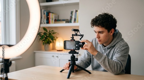 Young Content Creator Adjusting Smartphone Camera In Bedroom, Behind The Scenes Video Production With Ring Light, Authentic Gen Z Digital Lifestyle, Copy Space