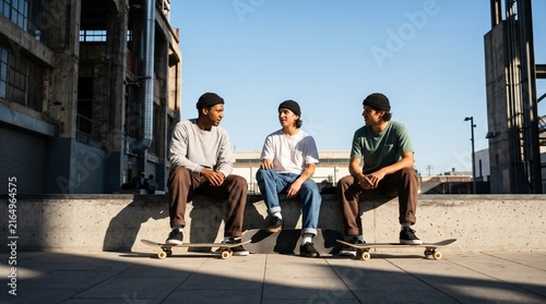 Skaters Talking On Concrete Ledge At Urban Meetup, Diverse Friends Sharing Street Culture Lifestyle, Plaza City Environment, Youth Connection, Copy Space