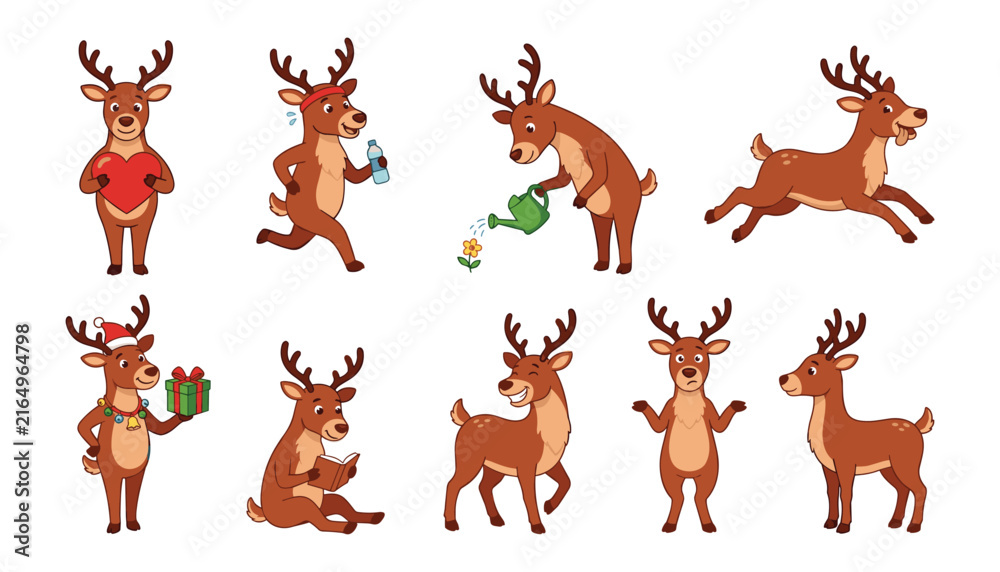 Fototapeta premium Cute Christmas deer cartoon character set in various poses running reading holding heart and gift vector illustration isolated on white