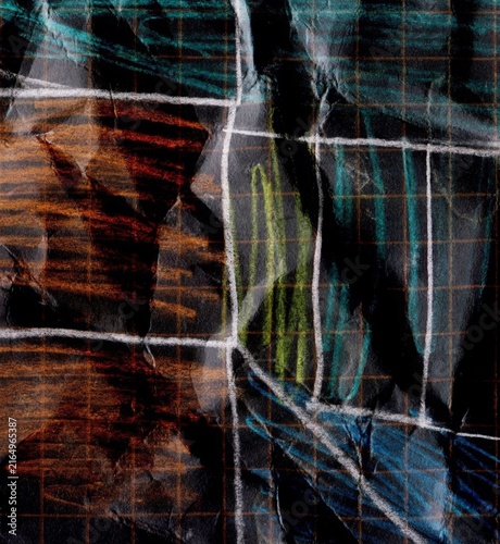 Abstract Artistic Background With Geometric White Lines And Textured Layers Of Dark Colorful Paint