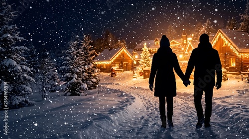 Couple holding hands walking in snowy winter village at night