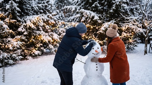 Couple building snowman in snowy winter forest with lights
