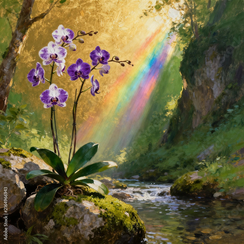 Purple Orchid Beside Stream With Rainbow Ray