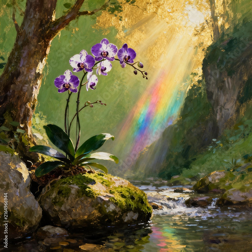 Purple Orchid Beside Stream With Rainbow Ray