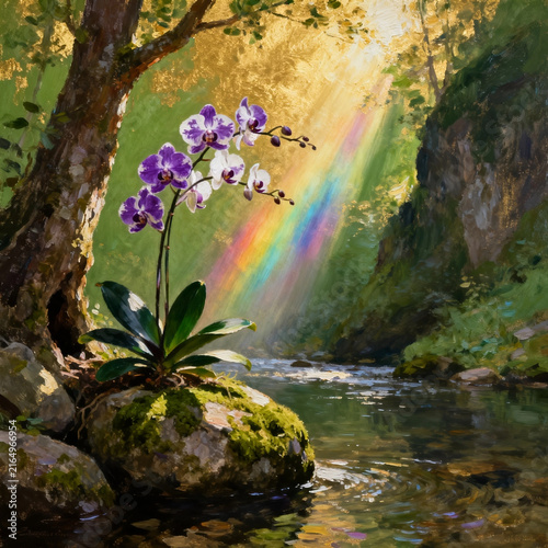Purple Orchid Beside Stream With Rainbow Ray