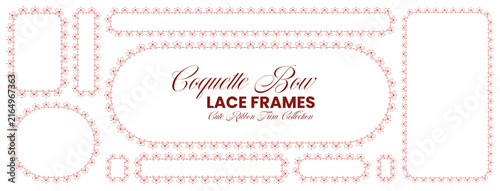 Red bow lace border frame set featuring delicate ribbon garland trim, coquette decorative oval circle rectangle edges isolated on white background vector illustration for invitations cards stationery