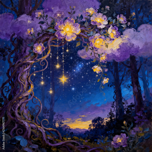 Magic Floral Arch Over Twilight Forest Starry Sky