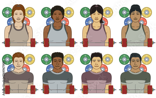 diversity, race, ethnicity of weightlifter vector icons, male and female, including barbell and weight plates, isolated on a white background