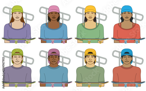 diversity, race, ethnicity of skateboarder vector icons, male and female, wearing hat, including skateboard and ramp, isolated on a white background