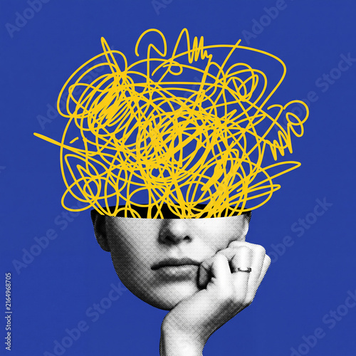 A conceptual collage illustration depicting mental overload, stress, and chaotic thoughts with a scribble over a pensive human face against a blue background.