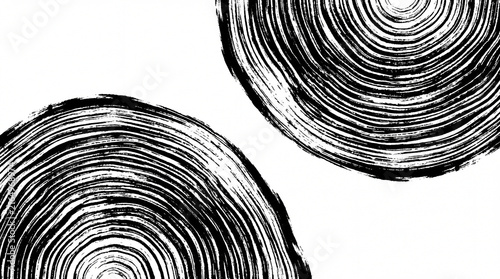 A high-contrast artistic background featuring two organic circular patterns created with thick black paint brush strokes on a clean white background.