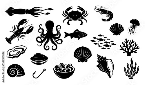Seafood and Marine Life Silhouette Icon Set Featuring Fish, Octopus, Crab, Lobster, Shrimp, Squid, Shells, and Coral Reef Elements for Restaurant Menus and Ocean Graphic Designs