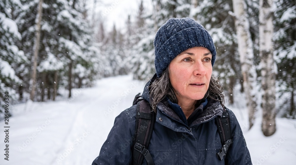 Fototapeta premium Woman hiking in a snowy forest wearing a blue beanie and winter jacket with snow falling