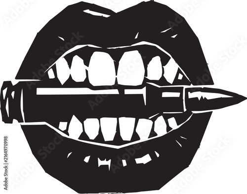 Human mouth biting rifle bullet cartridge black stencil silhouette vector art graphic for badge and tattoo design.