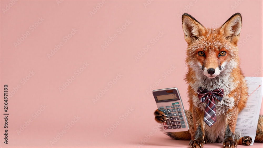 Naklejka premium A fox in a tie holds calculator and charts, symbolizing financial savvy.