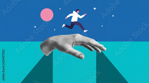 A conceptual surrealist collage featuring a person running across a large floating hand against a starry night sky, representing support, ambition, and growth.