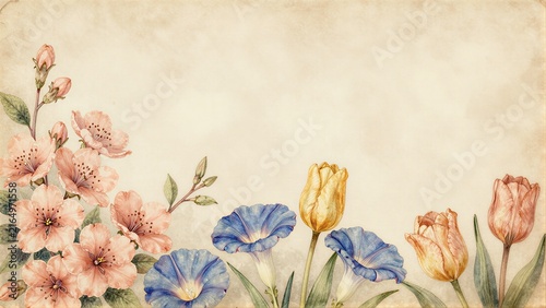Soft watercolor flowers bloom gently on aged parchment background.