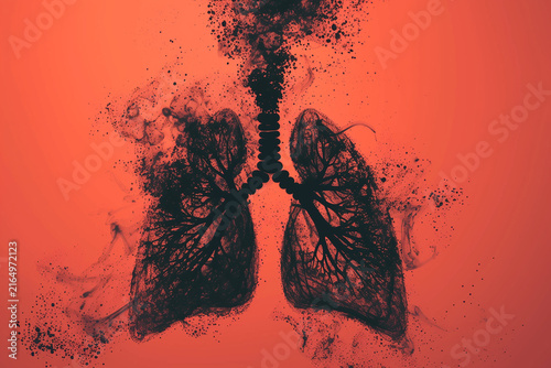 Human lungs formed by toxic air particles on coral red heatwave background, health warning. Air pollution PM2.5 concept