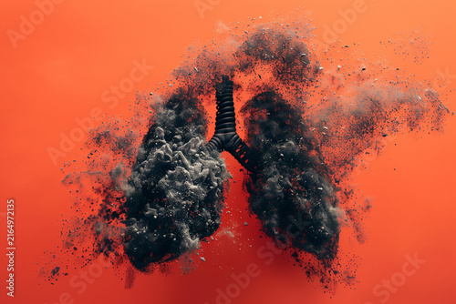 Human lungs formed by toxic air particles on coral red heatwave background, health warning. Air pollution PM2.5 concept