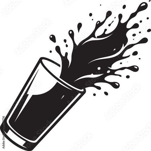 Glass cup spilling dark liquid splash element for refreshing drink advertisement vector illustration in flat style.