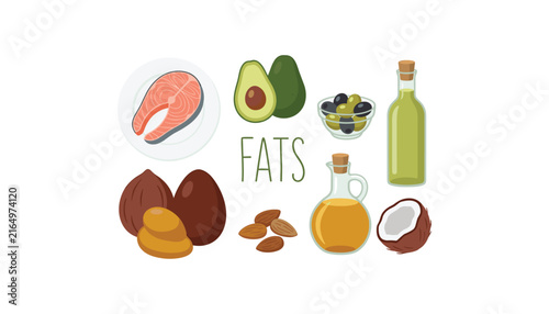Fotografía Healthy dietary fats sources vector illustration set featuring salmon fish, avocado, olive oil bottles, nuts, and coconut elements