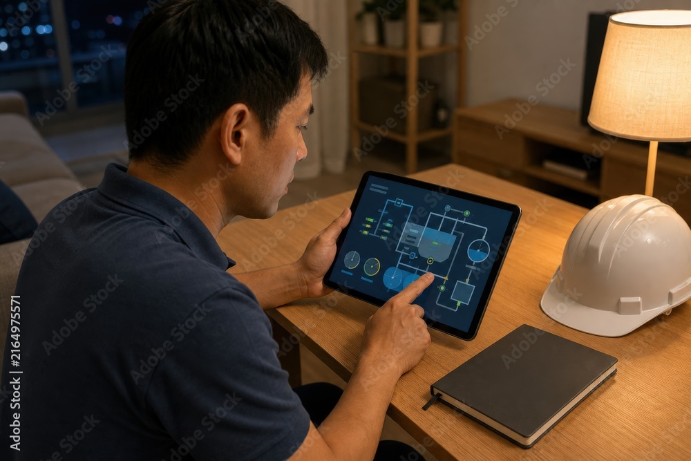 Obraz premium Wastewater Treatment Operator Training East Asian Male Practicing a Simulated Control Room Lesson on One Tablet at a Tidy Apartment Desk