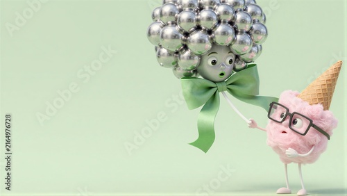 Cute ice cream characters with glasses, one holding a metallic ball bouquet.