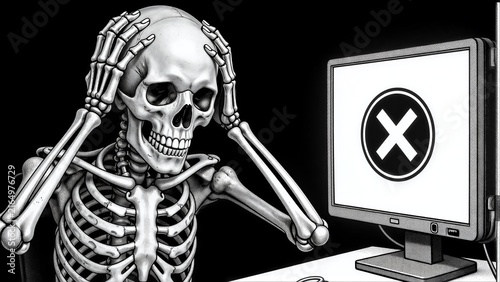 Skeleton frustrated at computer screen showing error symbol, holding head in distress.