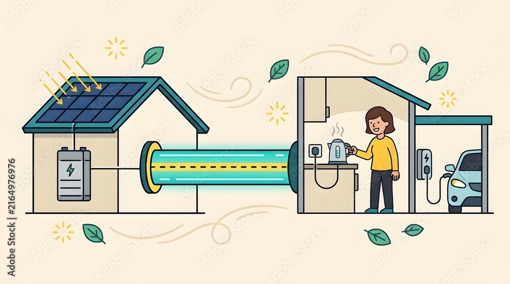 Naklejka premium Rooftop solar panel battery storage powering home appliances kettle and electric car charger