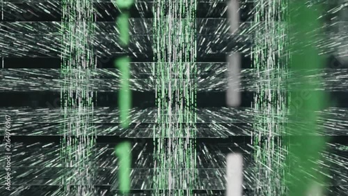 Binary code streams through a dark matrix environment, symbolizing advanced cyber security and data networking.