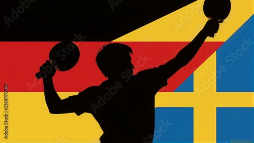 Silhouette of table tennis player against German and Swedish flags.