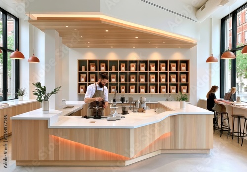Modern specialty coffee shop interior with barista brewing at minimalist wood counter and customers working
