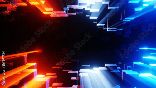Abstract 3D futuristic cube blocks tunnel with contrasting red and blue glowing light rays
