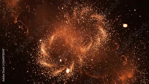 Fire sparks and bright embers swirl in a circular particle vortex against a dark background.