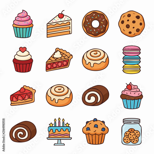 Colorful cartoon pastries and desserts collection.