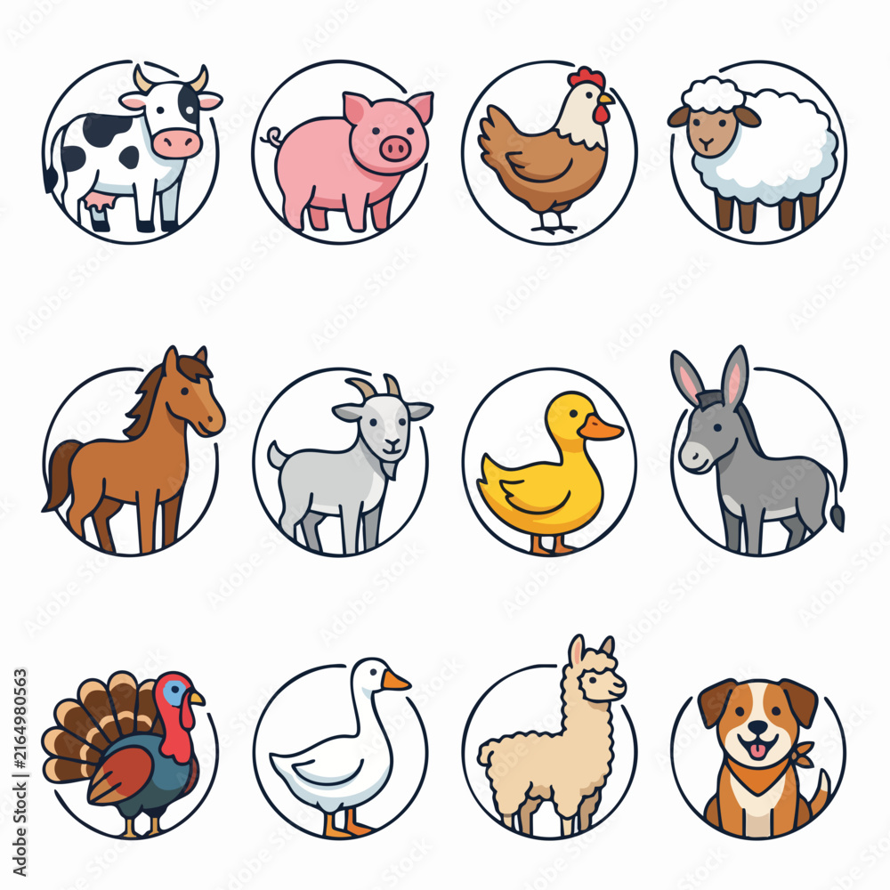 Naklejka premium Illustrated Farm Animals and Pets Collection.