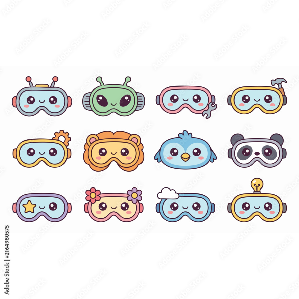 Obraz premium Colorful cartoon animal goggles illustration set.