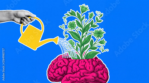 A conceptual collage showing a hand watering a pink brain from which a green plant grows, symbolizing personal growth, learning, and mindfulness.