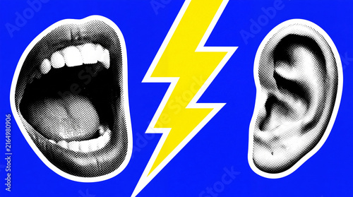 A conceptual pop art style graphic featuring a halftone open mouth and ear separated by a yellow lightning bolt, symbolizing communication and dialogue.