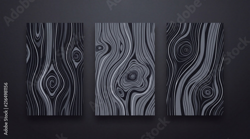 A set of three vertical panels featuring stylized, abstract dark grey and black wood grain patterns, perfect for modern interior design or background mockups.