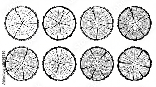A collection of eight circular wood grain textures and tree stump cross sections rendered in a detailed black and white line art style.