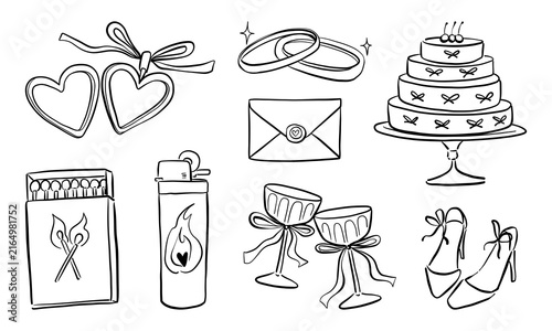 Simple hand drawn wedding icons set with rings, cake, envelope, glasses, shoes, lighter, matches and heart ornaments on a white background.